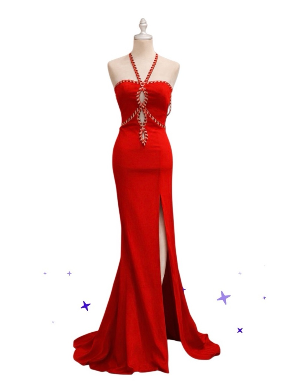 Elegant Red Halter Dress key hole front features & thigh high slit glass beads